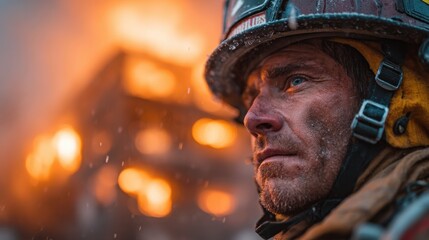Fototapeta premium Front view of firefighter, building explosion in the background, captured in blur 