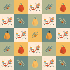 Cute autumn seamless pattern. Hand drawn cute autumn elements in colorful squares. Bicycle with basket of autumn leaves, pumpkin, rowan branch. Perfect for fabric, textile, paper, wrapping, packaging