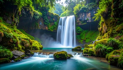 Waterfall cascading into natural water pool.