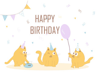 Hand drawn happy birthday card with funny three cats with birthday cap and lettering Happy Birthday. Isolated on white background. Good for posters, t shirts, postcards.