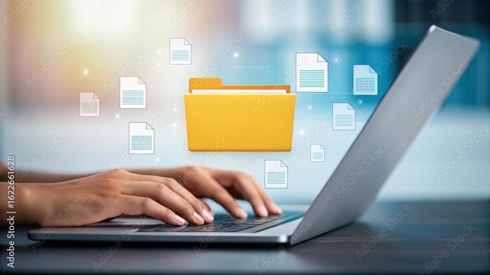 Poster person using laptop with digital file folder and documents