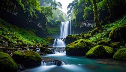 Waterfall flows amidst lush green forest.
