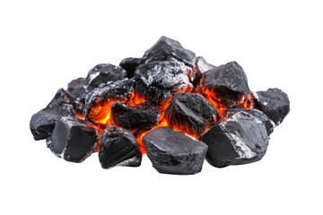 Pile of glowing hot charcoal briquettes with orange embers isolated on transparent background