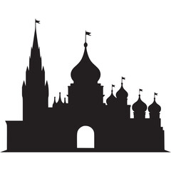 Black silhouette of a castle with domes and a tall spire on transparent background