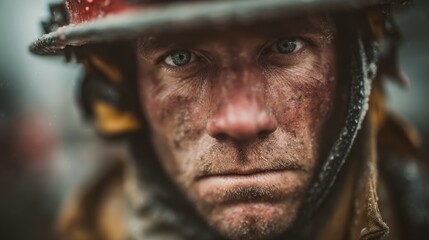 Intense front view of firefighter, blurry wreckage behind, low dramatic camera angle 