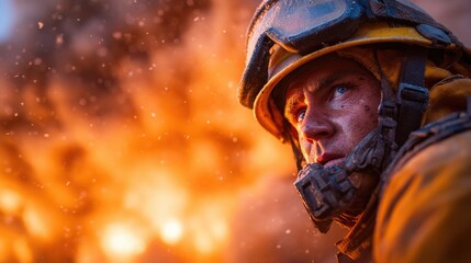 Obraz premium Low angle photo of firefighter, background building engulfed in blurred flames