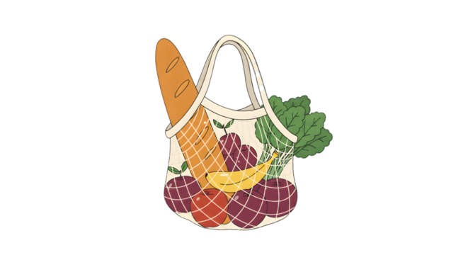 Food Filled Bag, Cartoon Fruits and Bread on Transparent Background