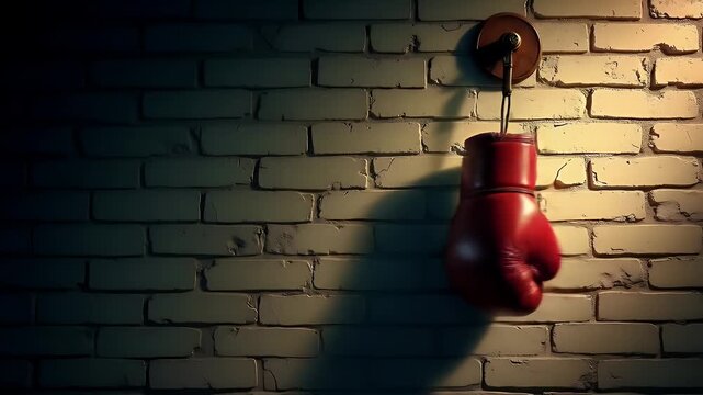 A single boxing glove glitching while hanging from a rusty nail on a dimly lit brick wall, casting a long shadow.

