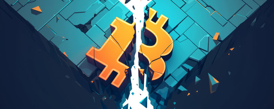 An abstract depiction of a bitcoin symbol. A coin shattered in pieces