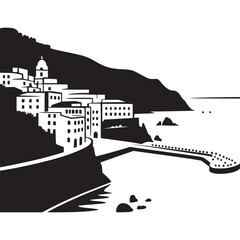 Black and white silhouette of a coastal town with pier on transparent background