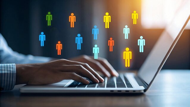 Person using laptop with colorful human figures overlay