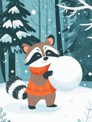 Playful winter art with a raccoon in mittens pushing a snowball among fir trees, suitable for seasonal packaging or printed holiday materials