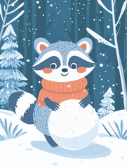 A soft and cozy winter scene with a raccoon rolling a snowball, ideal for printable holiday cards or DIY projects
