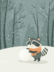 A cheerful raccoon pushing a snowball through a winter forest, made for seasonal packaging or product decoration during the holidays