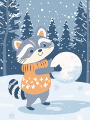 A childlike winter poster showing a raccoon rolling a snowball, suitable for classroom seasonal visuals or early learning displays