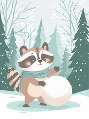 A cozy winter poster featuring a small raccoon in a scarf and mittens rolling a snowball in a soft snowy forest, perfect for nursery wall art or seasonal decor