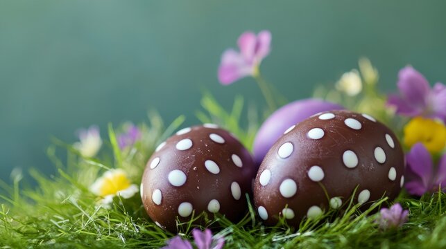 Two chocolate Easter eggs with white polka dots nestled in green grass with wildflowers.