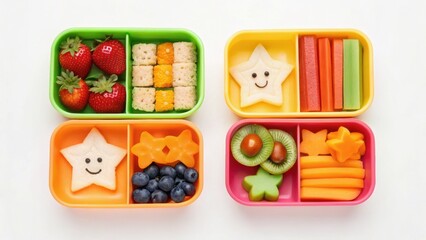 Colorful bento boxes filled with fruits and playful food shapes, designed for children's meals.