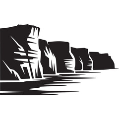 Silhouette of cliffs over water on transparent background