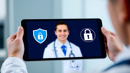 doctor on tablet screen during online consultation with security icons