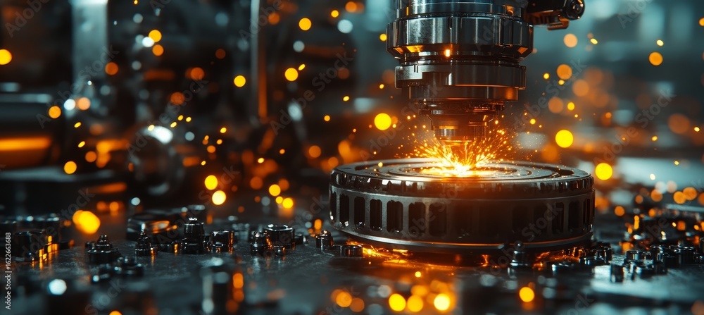 Poster high-tech automated production line featuring advanced metalworking and precision cnc machinery