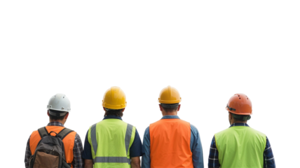 Group of construction workers with safety helmets and reflective vests seen from behind isolated on white or transparent background.