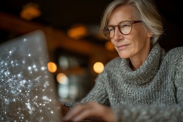 Confident businesswoman analyzing data on laptop with digital network overlay, focused and determined in modern workspace
