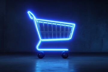 Dynamic neon shopping cart glowing bright blue in a dark, moody environment, perfect for e-commerce and retail concepts