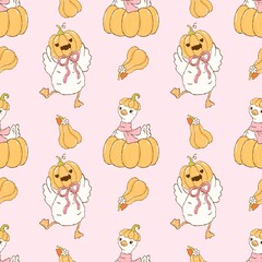 Whimsical Fall Pumpkin Duck Dance Pattern with Cheerful Smiles and Rustic Elements. Cozy Fall Harvest Pumpkin Duck Celebration Pattern with Festive Bows and Nature Themes