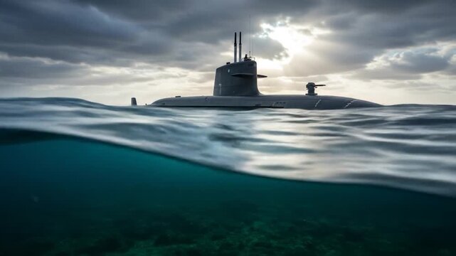 Dramatic Split-Level View of a Military Submarine Navigating Choppy Ocean Waters Under a Stormy Sky