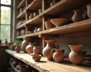 Handcrafted pottery drying on wooden shelves in studio.