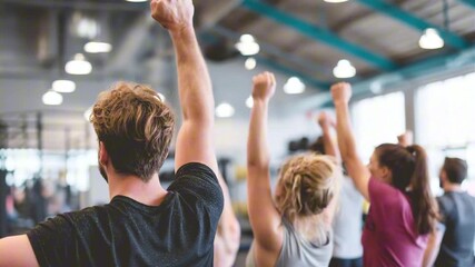 A group of diverse young adults celebrating in a gym, raising their arms in triumph after a workout, conveying a sense of achievement and camaraderie