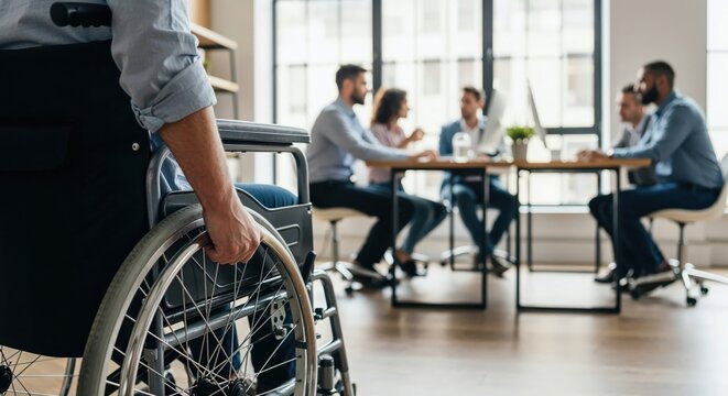 Inclusive workplace with man in wheelchair entering meeting room with colleagues in background and copy space. - Powered by Adobe