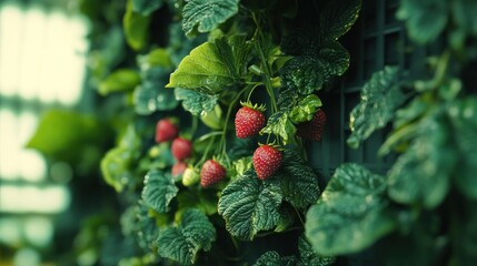 Vibrant strawberries hanging amidst lush greenery in a vertical garden setting
