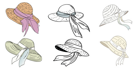 Naklejka premium Hand-drawn Vector Set of Women’s Straw Hats with Ribbons