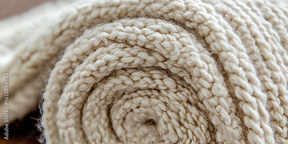 Aufkleber close-up of delicately rolled cream material showcasing intricate knitting patterns and soft fibers