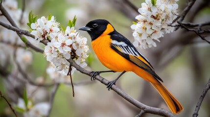 Naklejka premium Orange Bird on Blossoming Tree Branch, Spring Scene, Nature