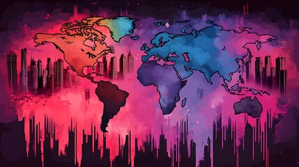 World map with urban skyline and vibrant colors.