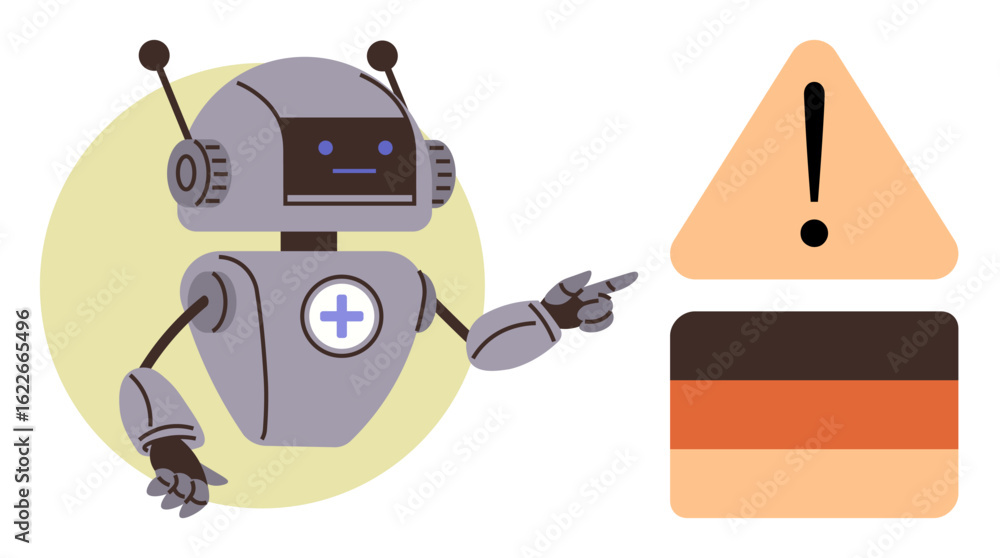 Aufkleber robot with antenna pointing toward alert symbol with exclamation mark in triangle, indicating cautio