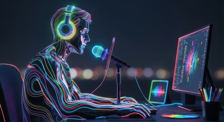Person with glowing neon lines wearing headphones speaking into microphone