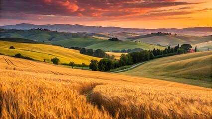 Fototapeta premium Golden Wheat Field Bathed in Warm Sunset Light Over Rolling Hills Landscape