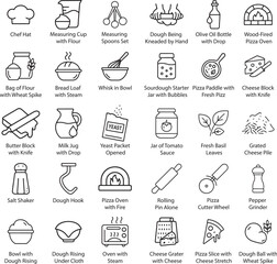 Baking and Pizza Ingredients Outline Vector Icons.