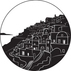 Black and white illustration of santorini village in a circle on transparent background