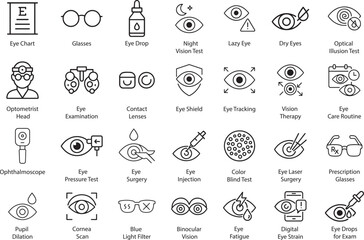 Eye Care Vector Icons Set. Medical Ophthalmology, Isolated.