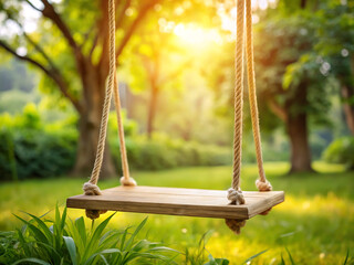 Wooden swing hanging from a tree in a sunny park with blurred background