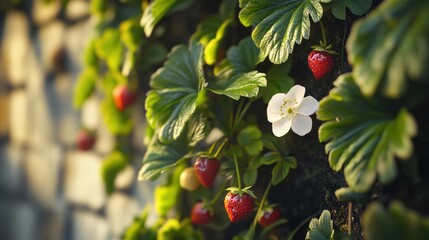 Delicate strawberry blossoms and ripening fruit in a lush garden patch