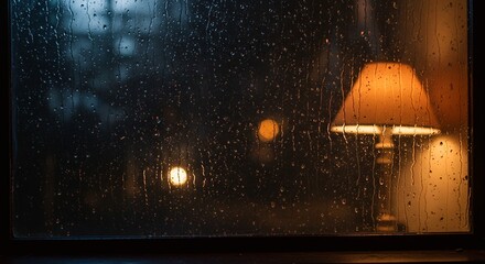 Rainy window view a lamp glows warmly indoors casting a yellow light blurring through raindrops