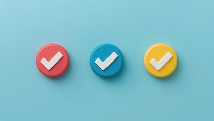 A set of three white checkmarks placed on multicolored toy rings in a sequence centered on a bright teal background. Related to surveys, checklists, agenda, corporate or authentication.