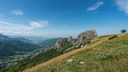 Fototapeta premium Scenic view of rocky hills and lush valley
