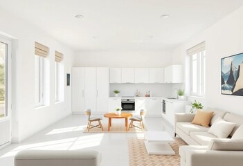 Fototapeta premium Bright, airy all-white renovated apartment with new kitchen & bath, living room, white paint